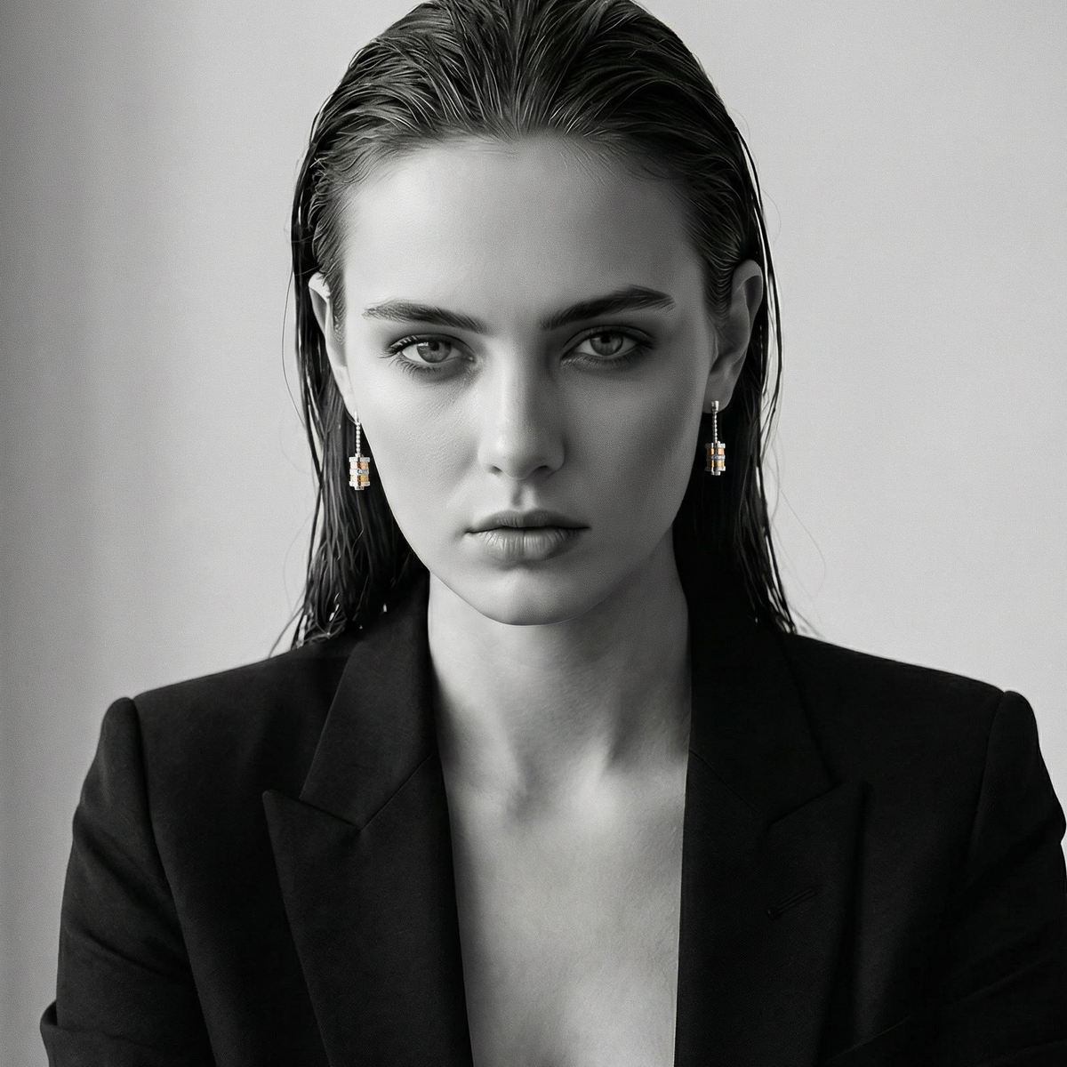 Portrait wearing Lock to Heaven drop earrings