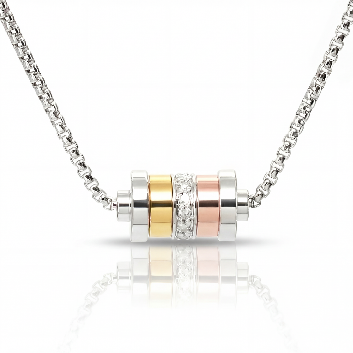 Close-up of the Lock to Heaven padlock, yellow and rose gold-plated rings and diamond-set central ring