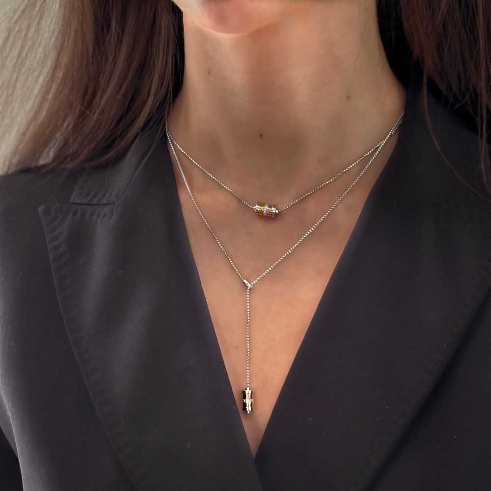 Short and Y Lock to Heaven necklaces worn together
