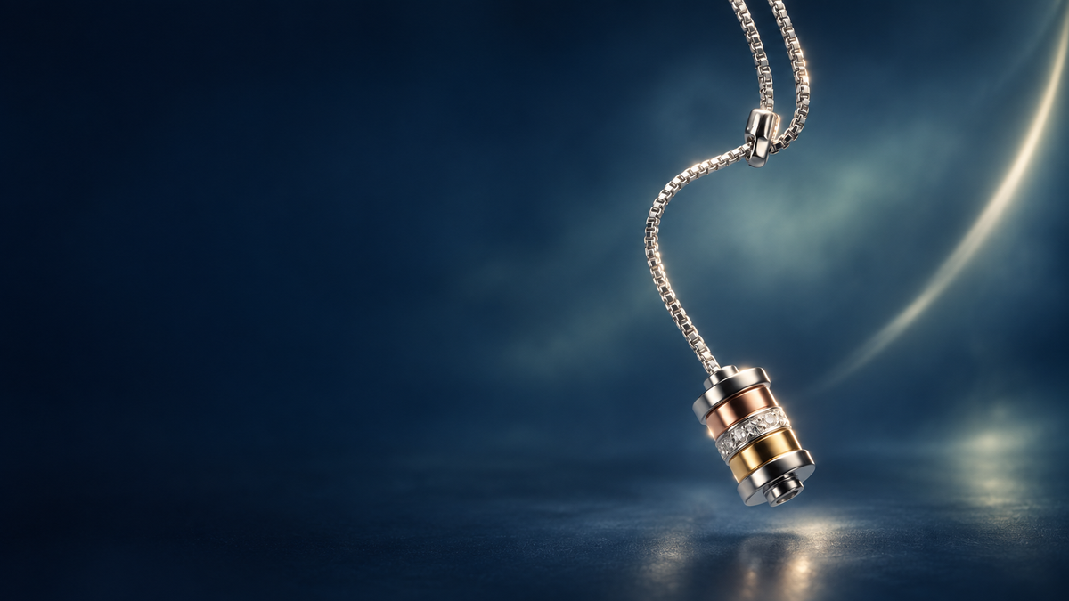 Silver Lock to Heaven Y necklace against a VEYS blue background